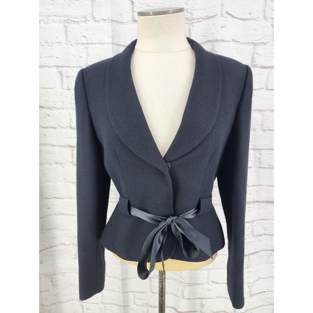 Tahari Work Blazer Jacket Satin Bow Office Vixen Professional Herringbone Size 6